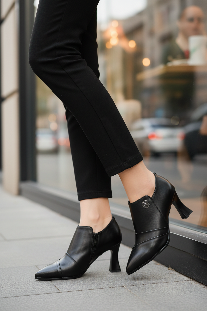 Ankle Boot Valentina Noir Couro Preto | Salto Bloco